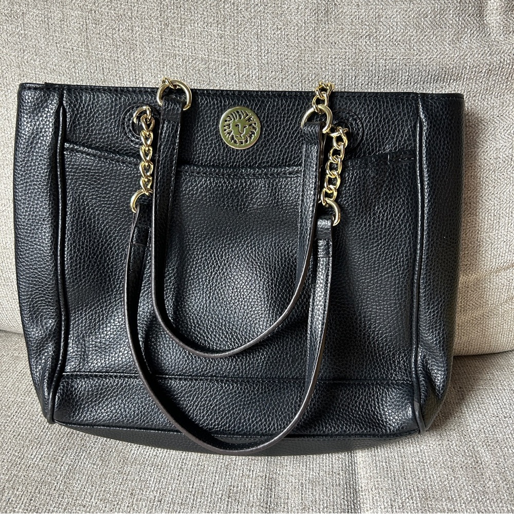 Anne Klein Medium Purse Shoulder Bag Black Gold Lion Logo Faux Leather Luxury
